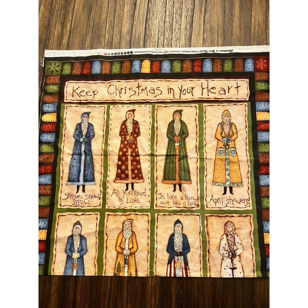Christmas In Your Heart Panel Quilt Cotton Sewing Fabric Folk Art Santa